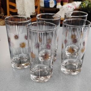 Set of 5 Vintage Highball Glasses with Starburst Design